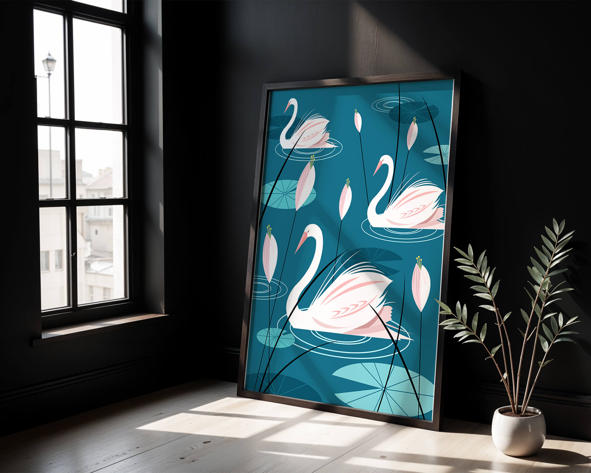 Serene illustration of swans gracefully gliding on a pond with lily pads