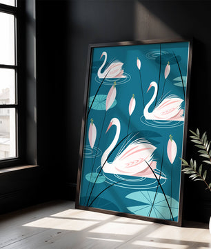 Serene illustration of swans gracefully gliding on a pond with lily pads