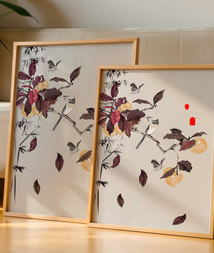 Elegant nature illustration featuring butterflies and birds on a branch