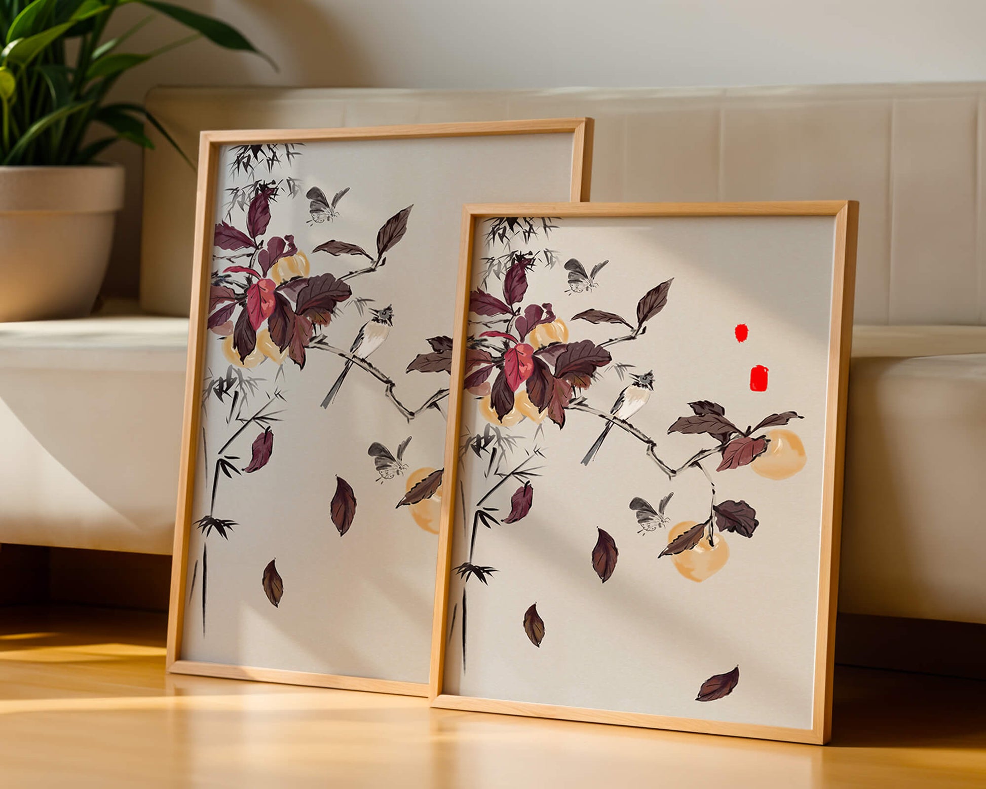 Elegant nature illustration featuring butterflies and birds on a branch