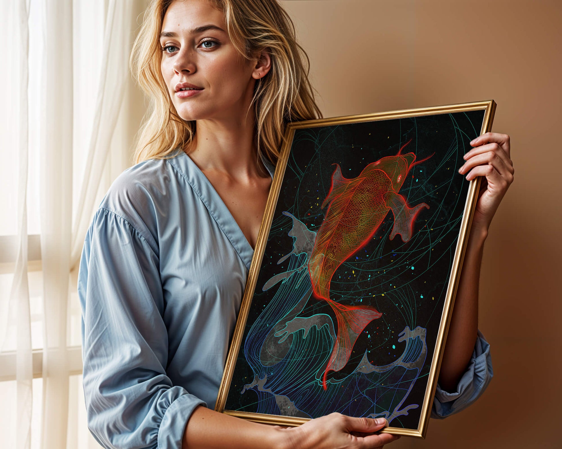 Koi Fish with Abstract Waves in Vibrant Colors