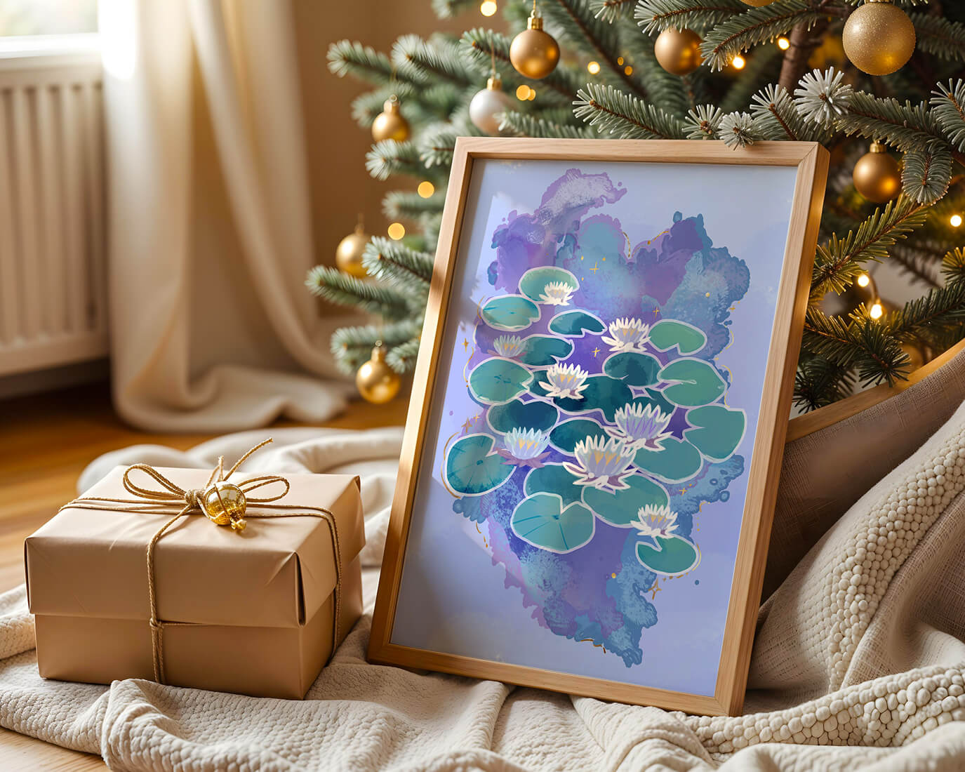 Serene aquatic scene with water lilies on abstract colorful background