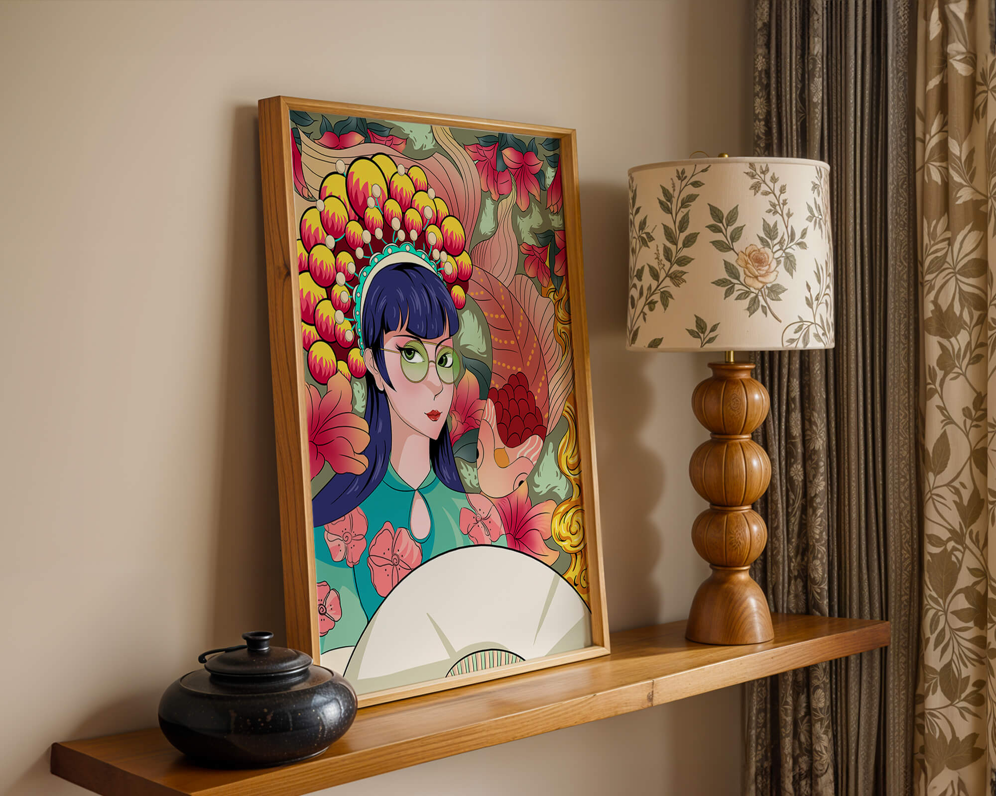 Colorful illustration of a woman with floral headdress and fish background