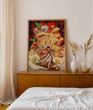 Colorful anime-inspired scene with a lion dance and festive character