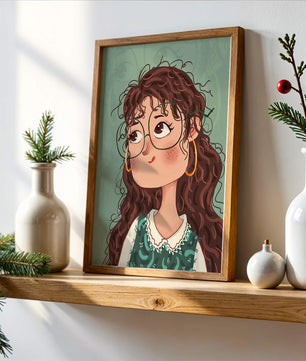 Illustration of a Thoughtful Girl with Glasses and Curly Hair