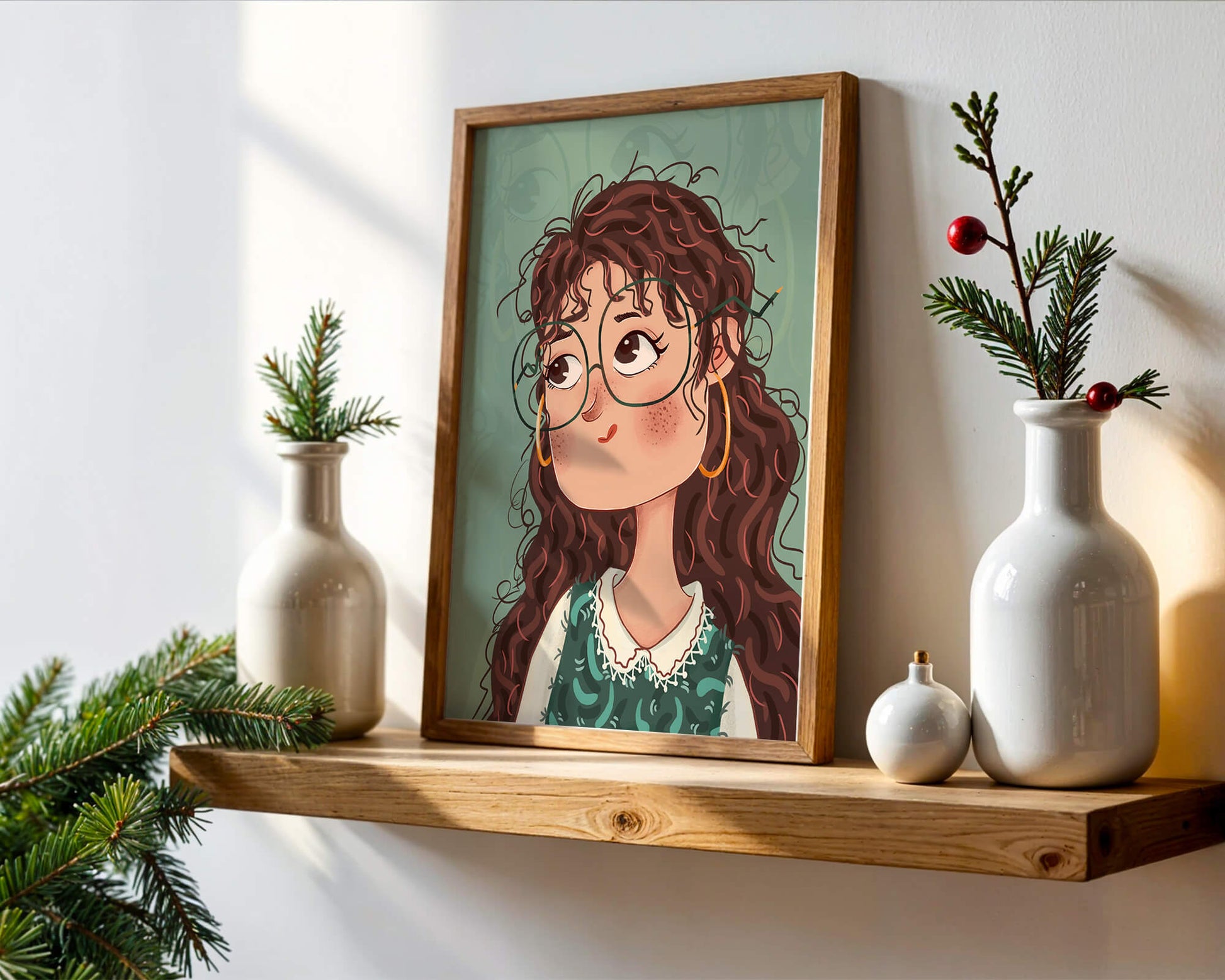 Ilustración de una chica pensativa con gafas y pelo rizado