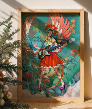 Fusión colorida de arte tradicional y moderno con un músico como protagonista