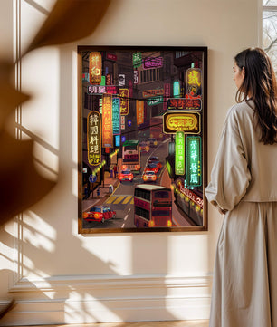 Vibrant urban street with neon signs and bustling traffic at night