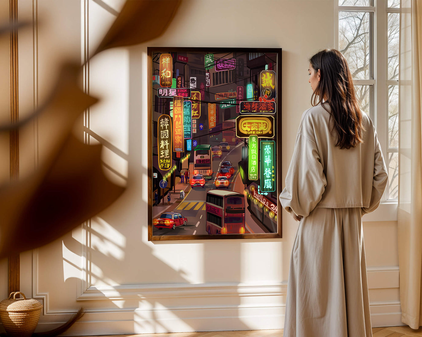 Vibrant urban street with neon signs and bustling traffic at night