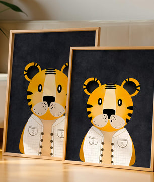 Illustration of cute cartoon tiger character in stylish outfit on dark background