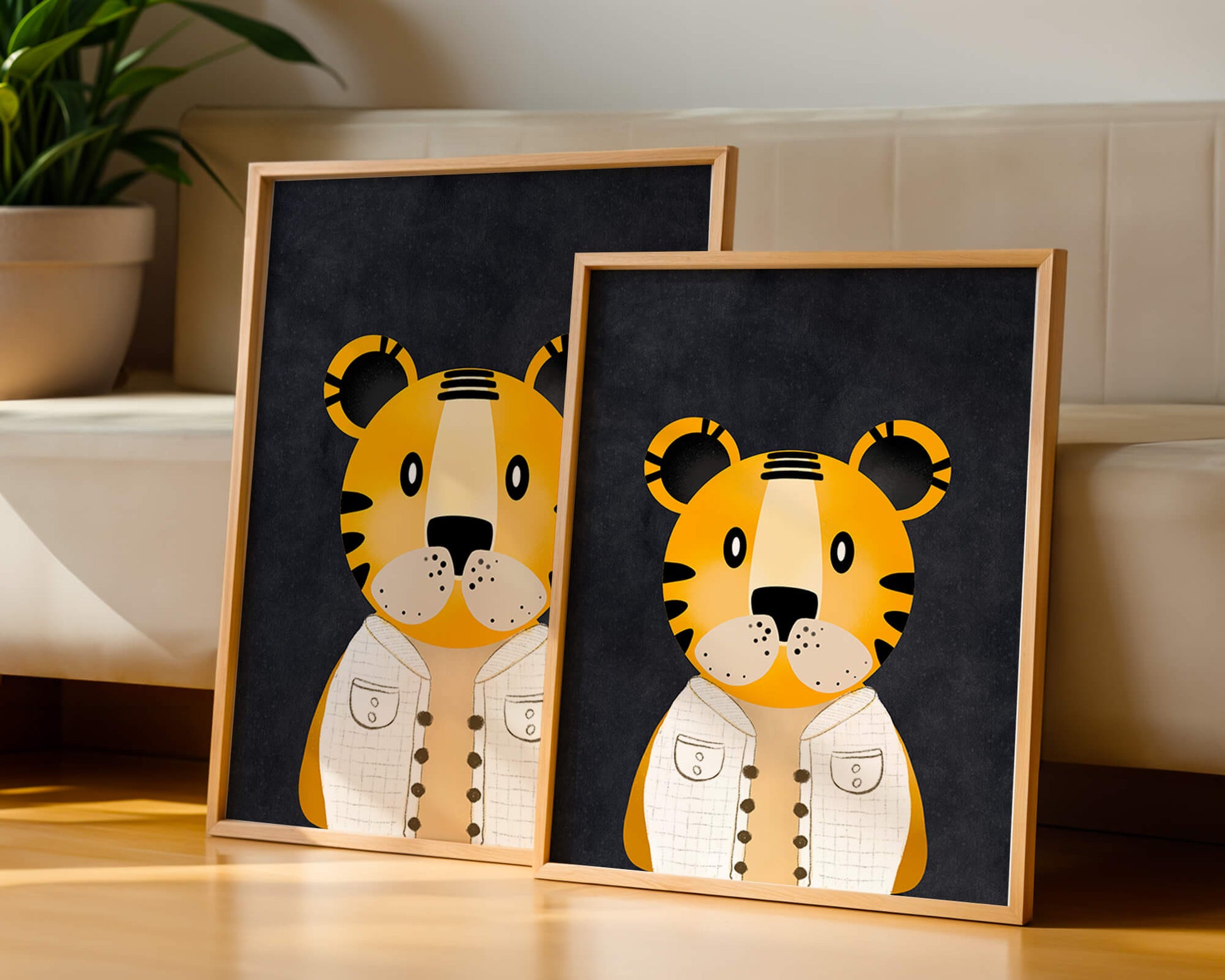 Illustration of cute cartoon tiger character in stylish outfit on dark background