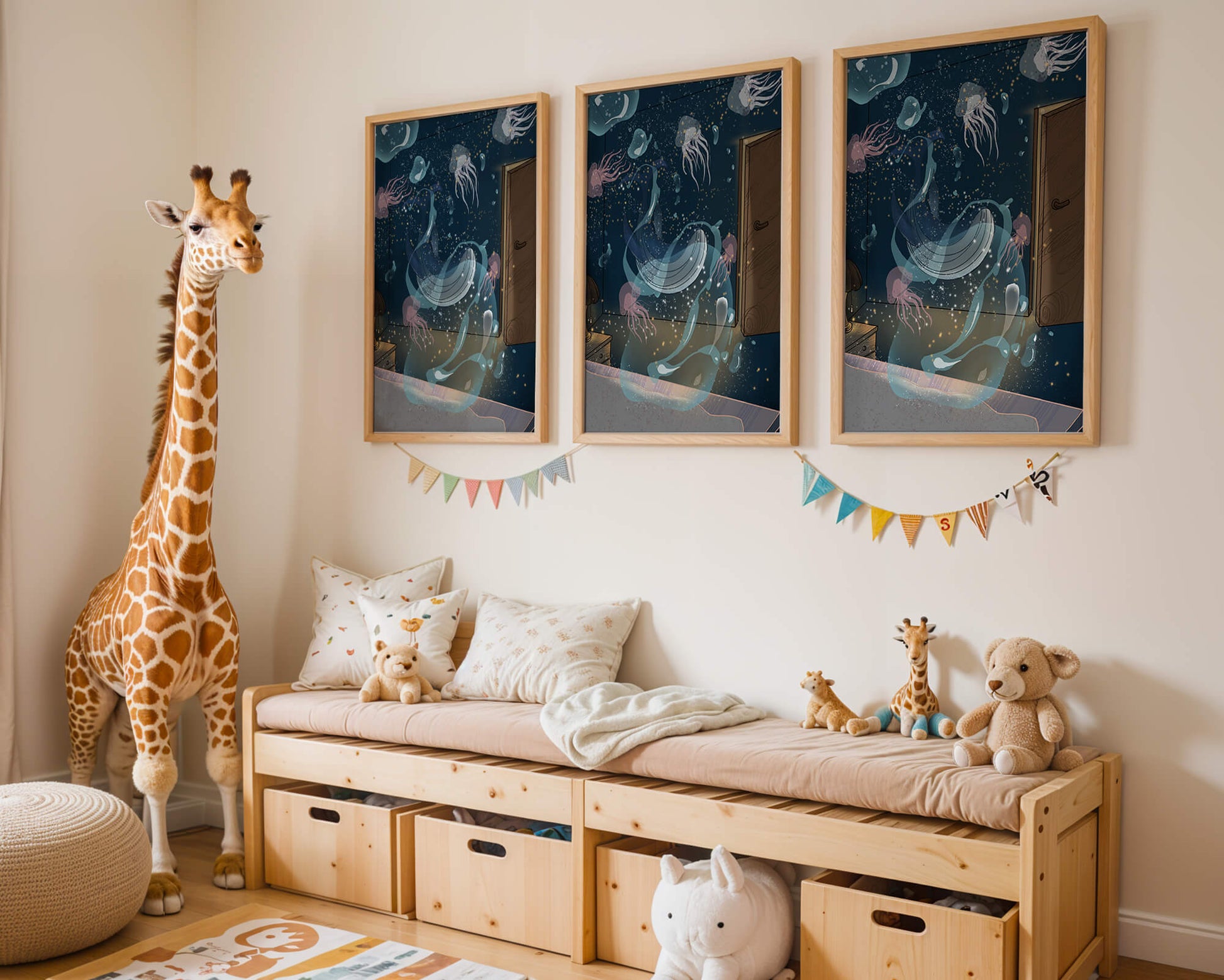 Underwater-themed room with jellyfish and a door