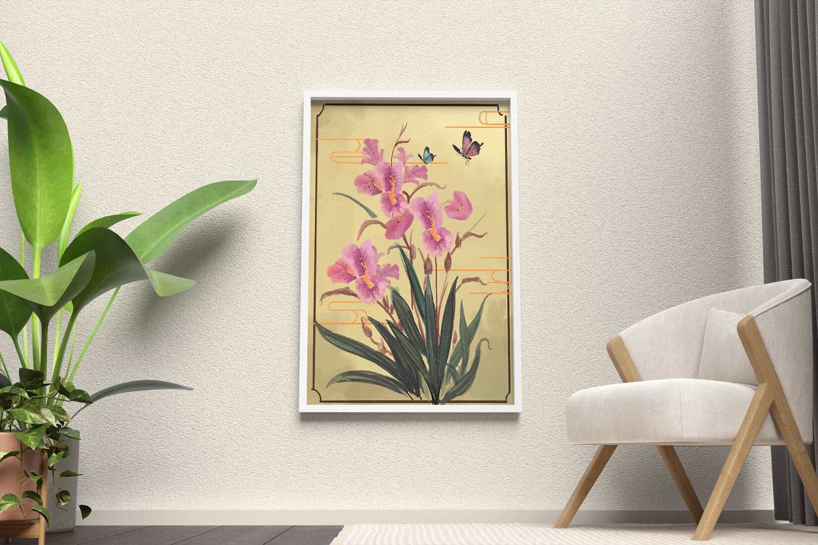 Elegant Floral Composition with Butterflies and Ornamental Background