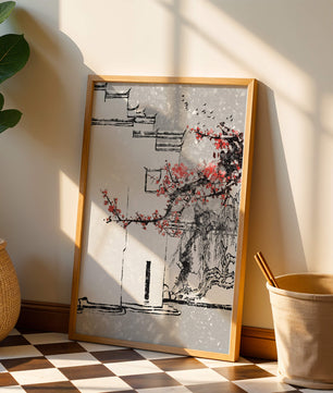 Arquitectura asiática tradicional con flores rojas en un paisaje nevado