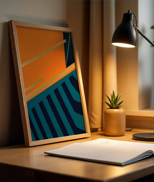 Moderne geometrische Abstraktion mit goldenen Elementen und kräftigen Farben 