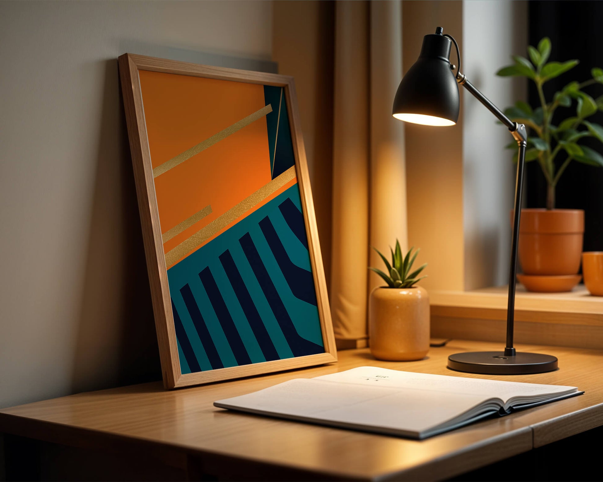 Moderne geometrische Abstraktion mit goldenen Elementen und kräftigen Farben 