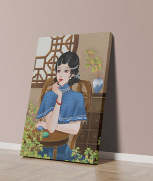 Elegant Woman in Traditional Chinese Setting with Blue Cape and Intricate Decor