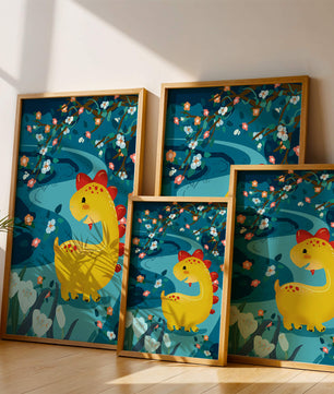 Golden Dinosaur in Enchanted Floral Forest