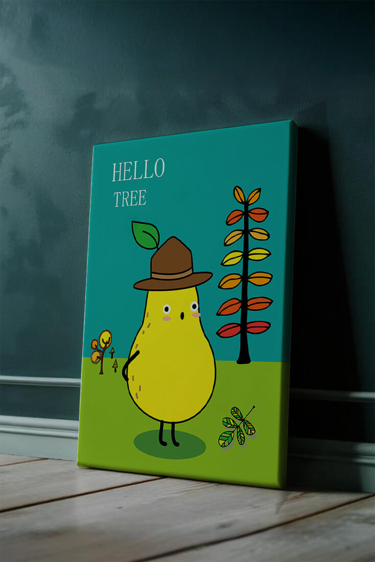 Friendly pear character in a whimsical nature setting with autumn tree