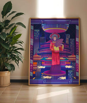 Futuristic Asian Inspired Artwork with Neon Colors and Geisha in Traditional Attire