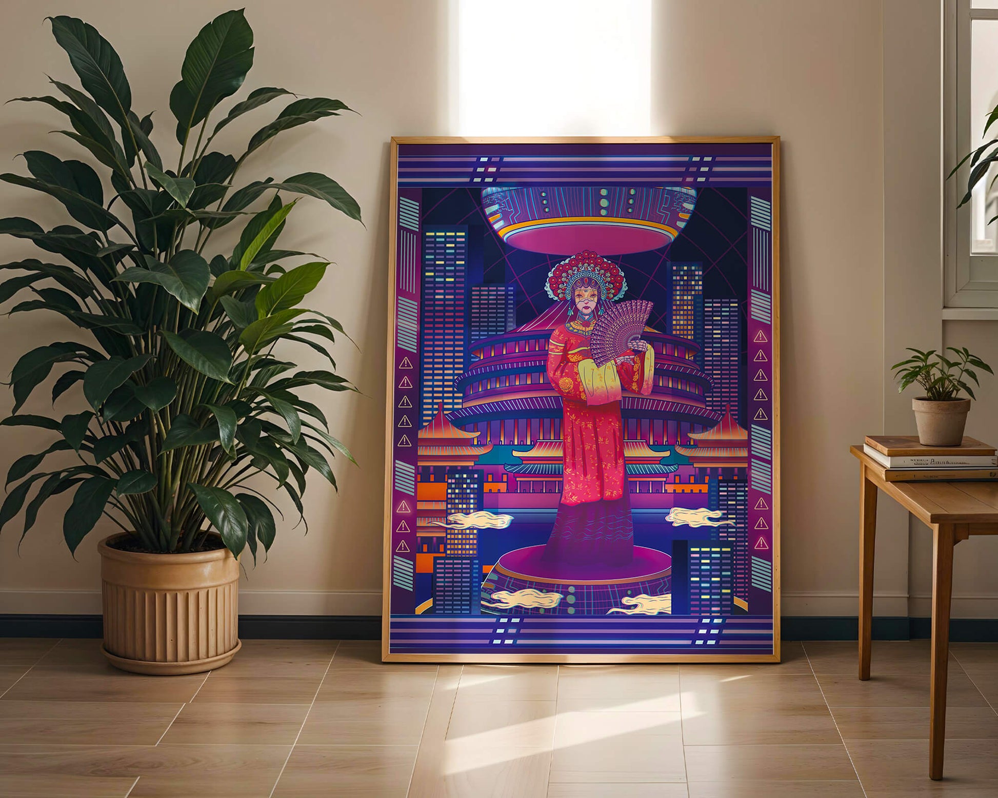 Futuristic Asian Inspired Artwork with Neon Colors and Geisha in Traditional Attire