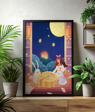 Moonlit Night with Lanterns and Tea Ceremony Featuring Rabbits and Mooncakes