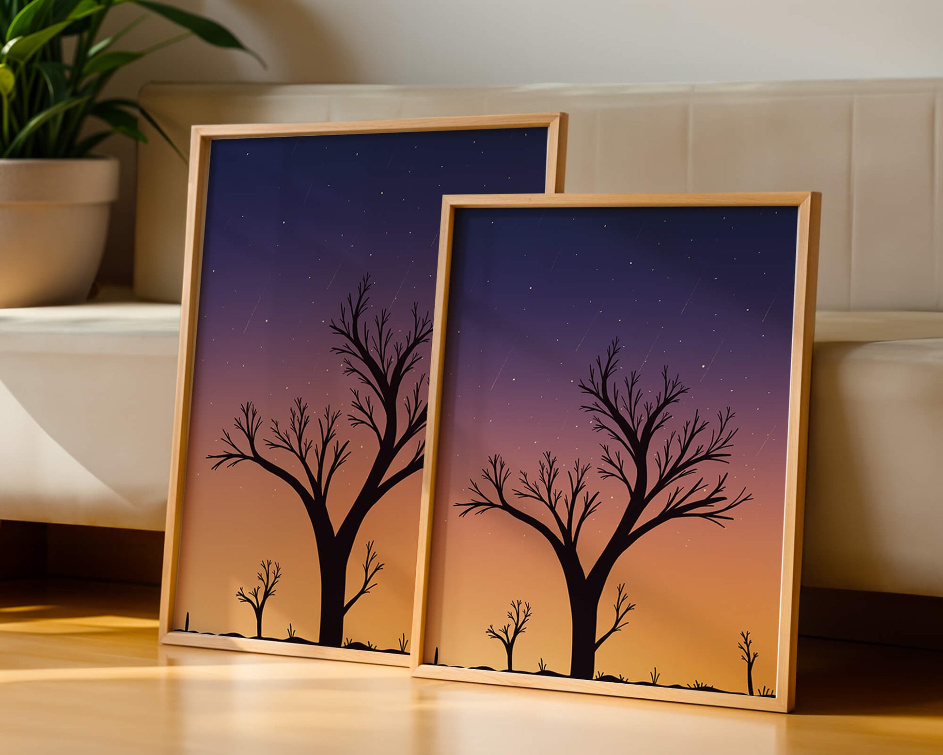 Silhouette Of Tree Against Stunning Sunset Sky With Stars