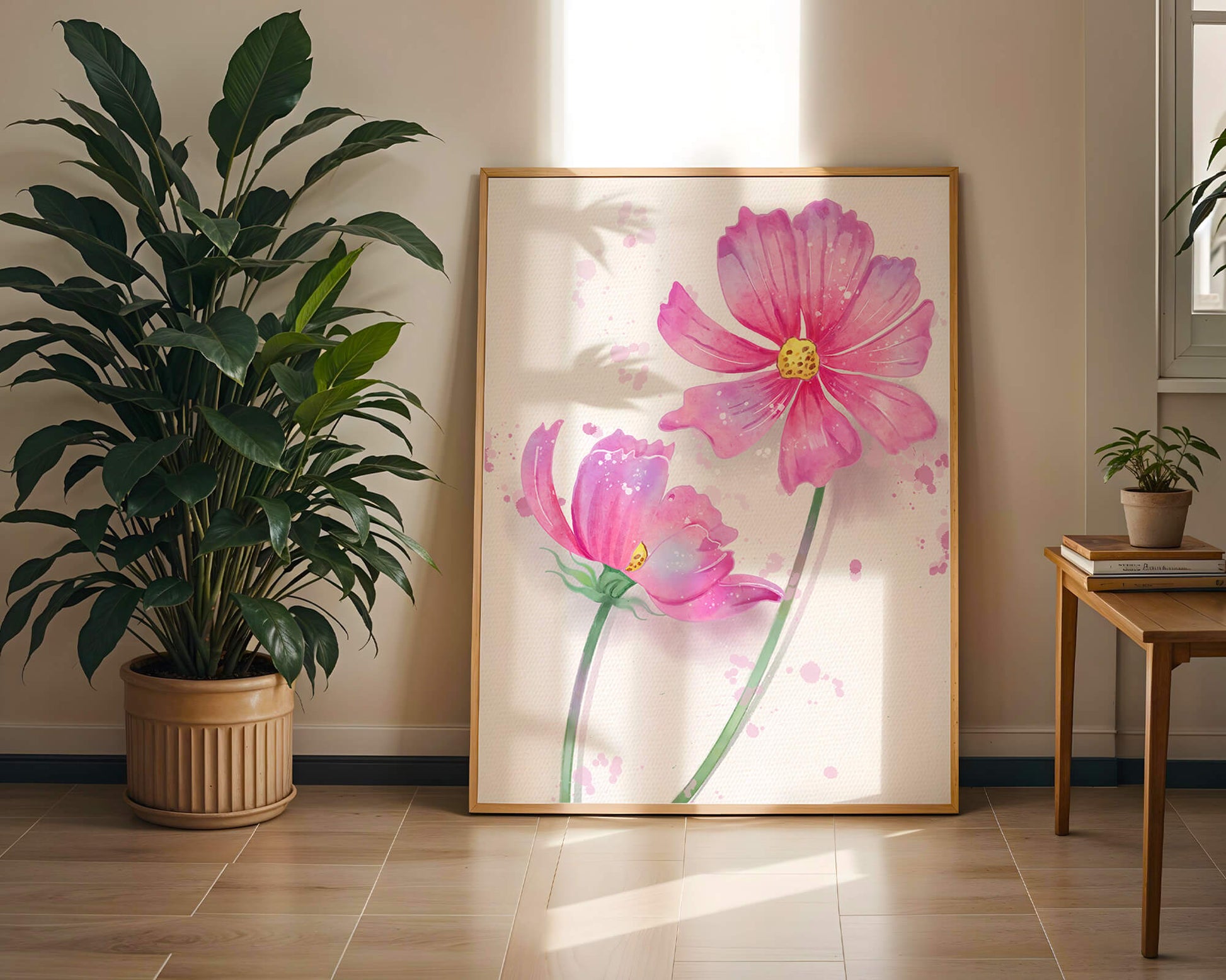 Flores delicadas en acuarela rosada con salpicaduras artísticas en lienzo