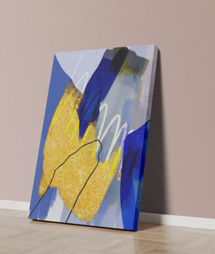 Pintura abstracta azul y amarilla con detalles dorados