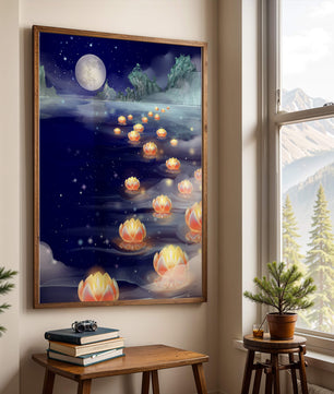 Río iluminado por la luna con linternas flotantes y montañas bajo una noche estrellada
