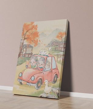 Charmante Landfahrt mit verspielten Charakteren und herbstlicher Landschaft