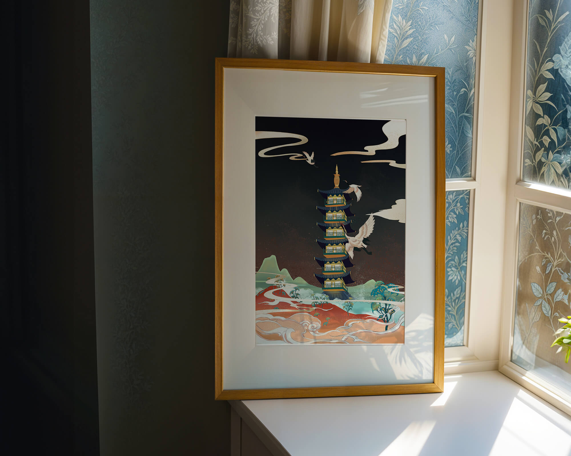 Illustrated scene of traditional pagoda with cranes in colorful landscape