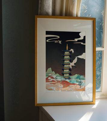 Illustrated scene of traditional pagoda with cranes in colorful landscape