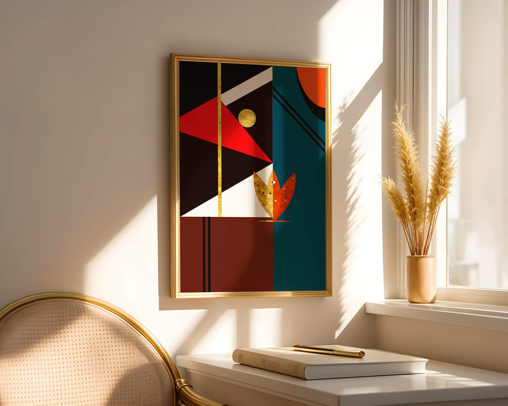 Geometrische abstrakte Kunst mit Gold und kräftigen Formen