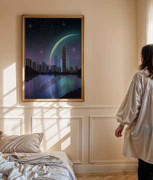 Paisaje urbano futurista bajo un cielo estrellado