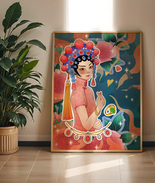 Traditional Asian-inspired illustration with jewelry and floral accents