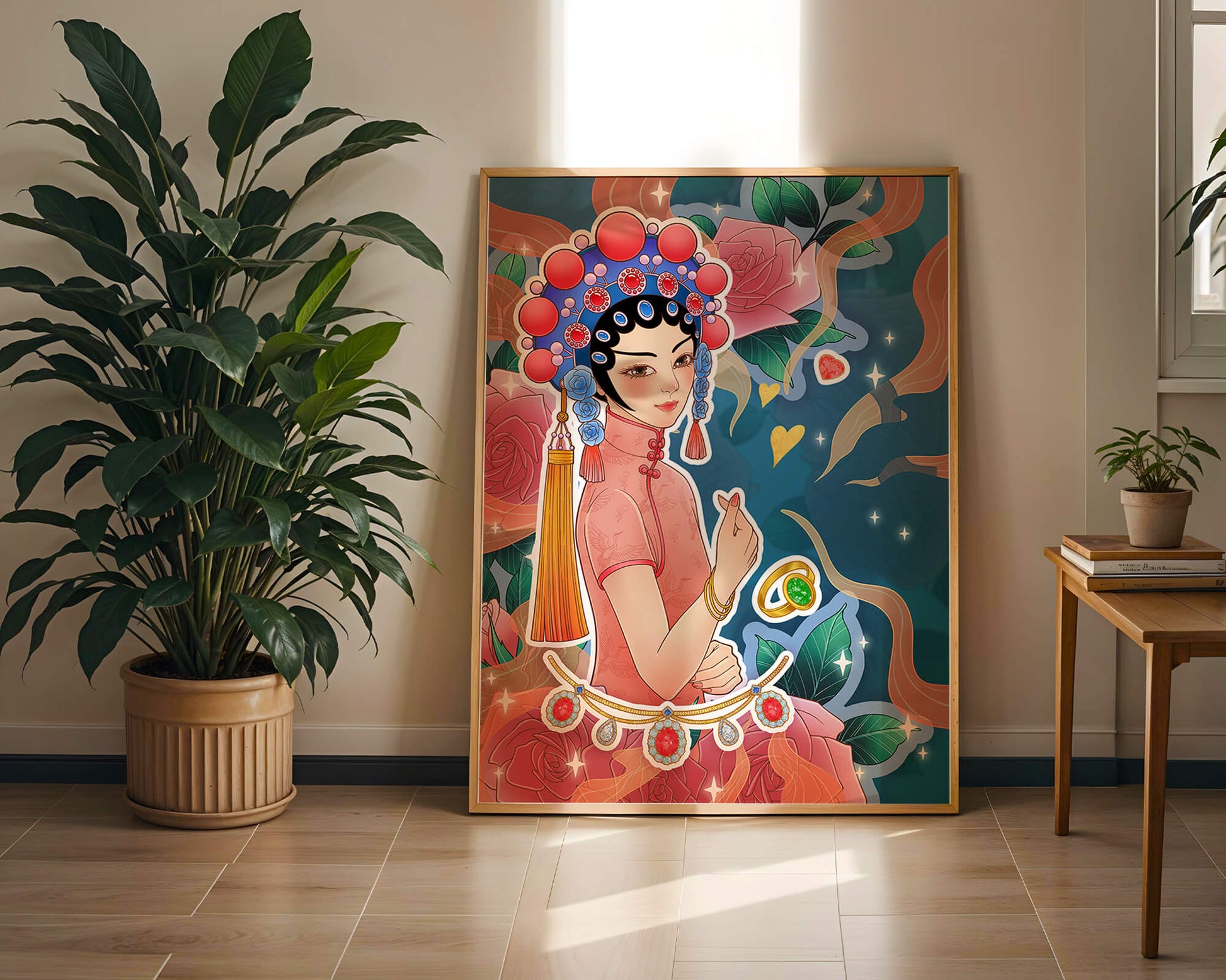 Traditional Asian-inspired illustration with jewelry and floral accents