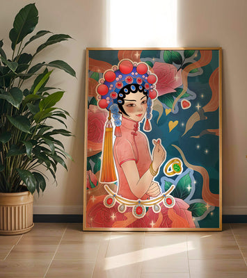 Traditional Asian-inspired illustration with jewelry and floral accents