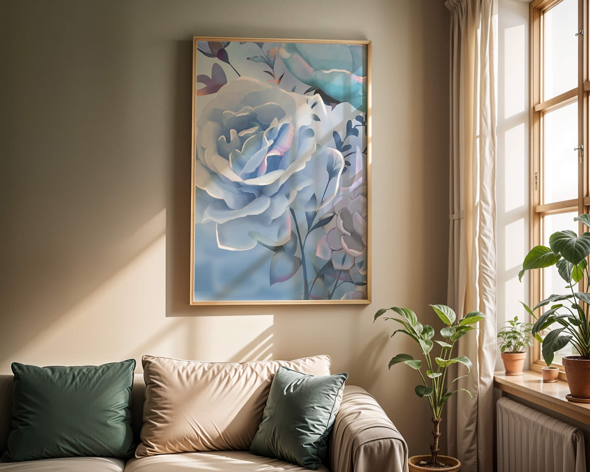 Rosas azules serenas con hojas delicadas sobre fondo suave