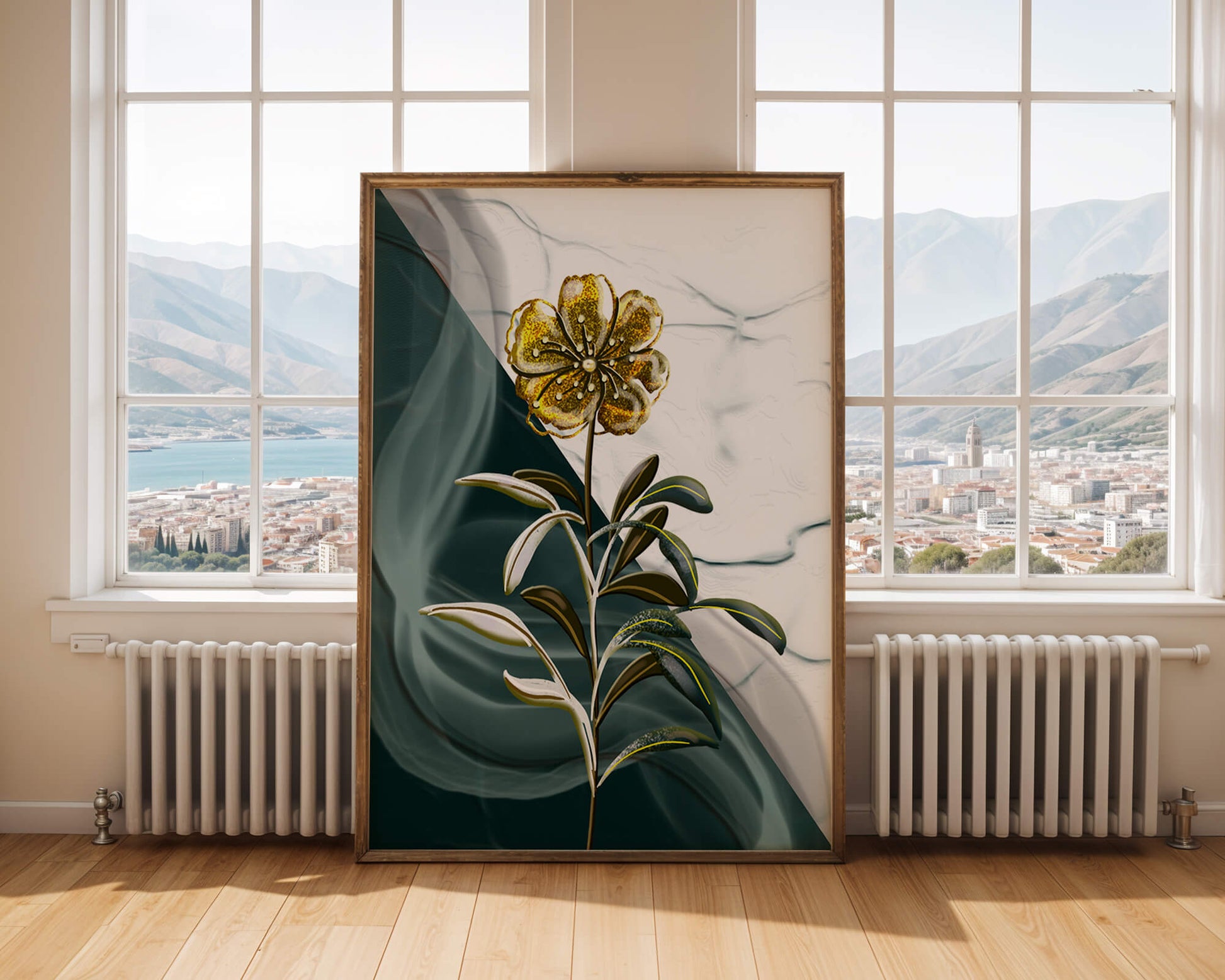 Elegant floral design with gold accents on abstract background