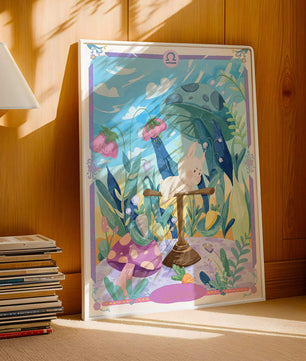 Skurrile Waage-Sternzeichen-Illustration mit Fantasy-Wald-Elementen