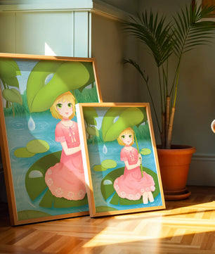 Whimsical Illustration of a Young Girl in a Pink Dress Sitting on a Lily Pad