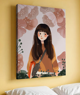 Ilustración de una niña con flores en tonos pasteles suaves