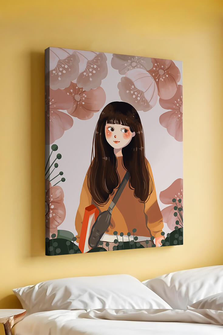 Illustration of girl with flowers in soft pastel hues