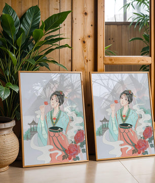 Elegant Asian woman with flowers and mountain background