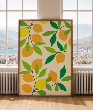 Vibrant lemon pattern with colorful leaves and citrus fruits