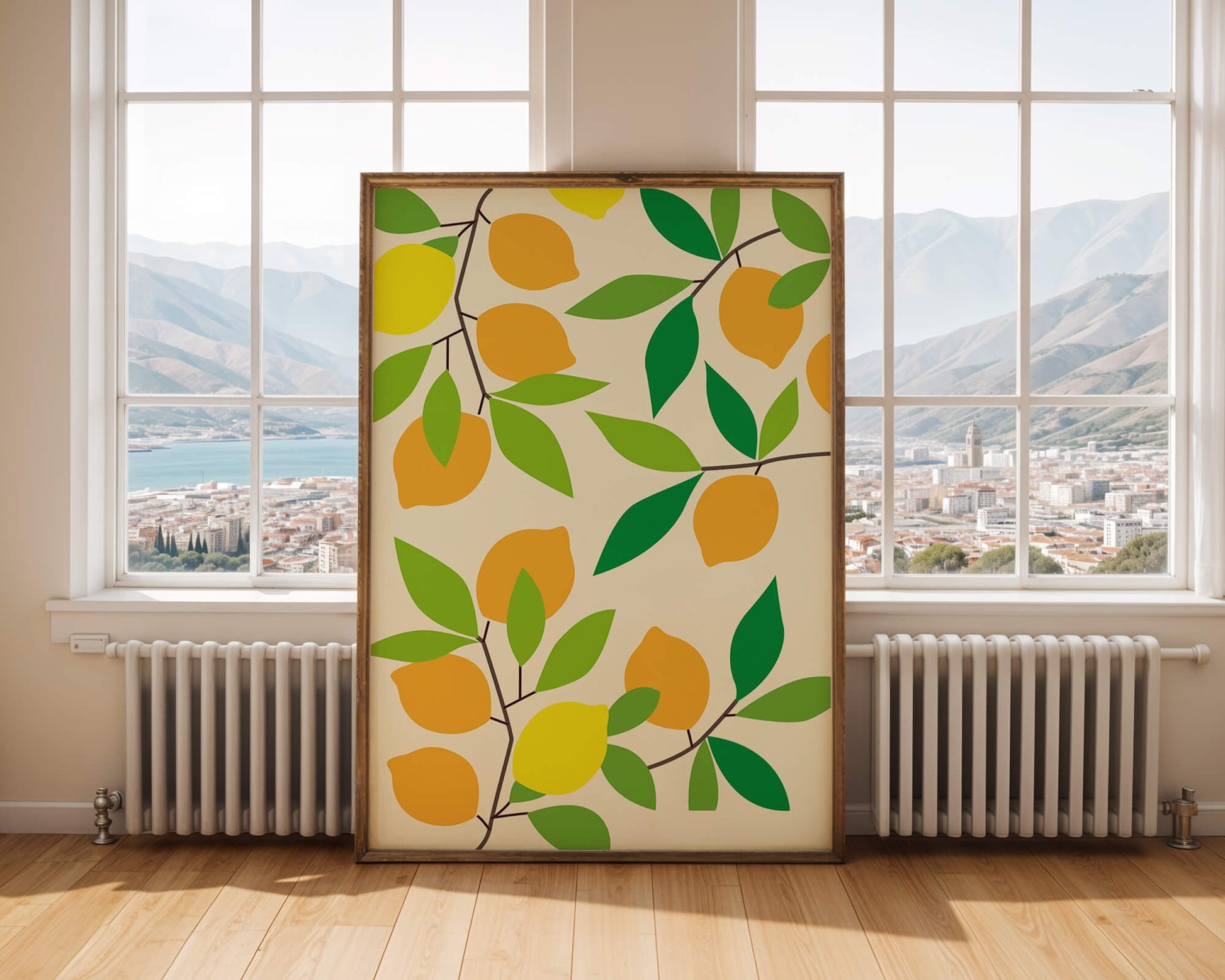 Vibrant lemon pattern with colorful leaves and citrus fruits