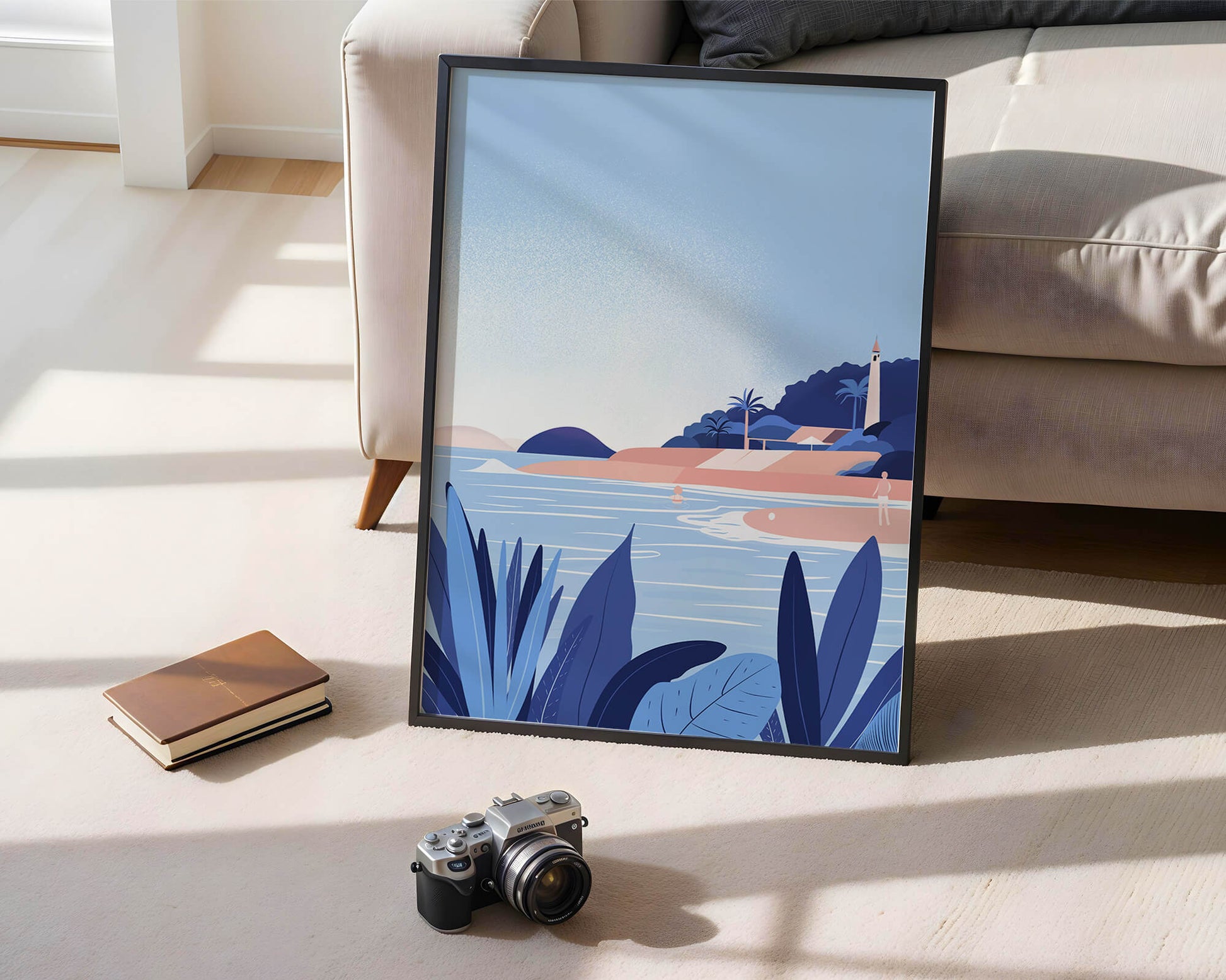 Serene seaside scene with lighthouse and tropical foliage