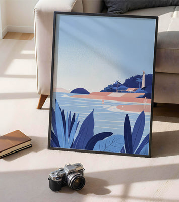 Serene seaside scene with lighthouse and tropical foliage