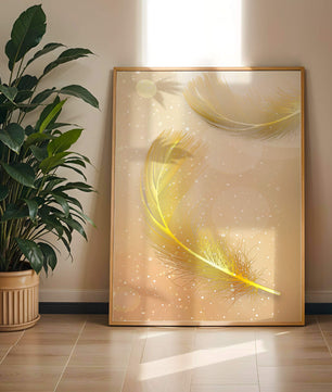 Elegant golden feathers with sparkling particles on soft background